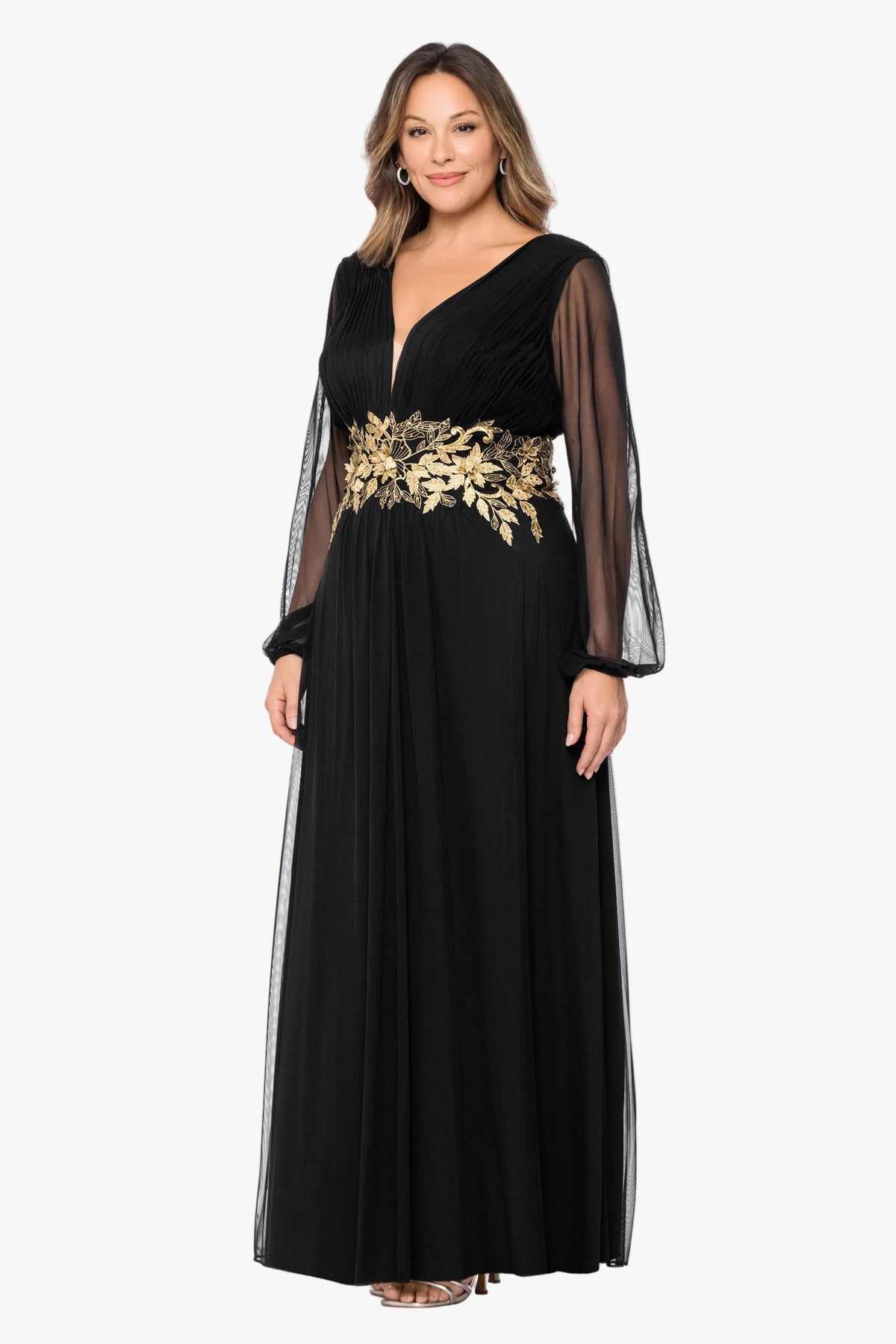 Plus "Rebecca" Mesh Long Sleeve Dress - Black/Gold | Betsy & Adam