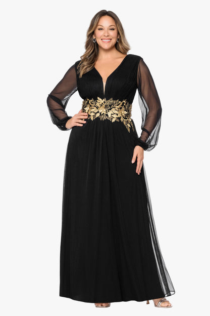 Plus "Rebecca" Mesh Long Sleeve Dress - Black/Gold | Betsy & Adam