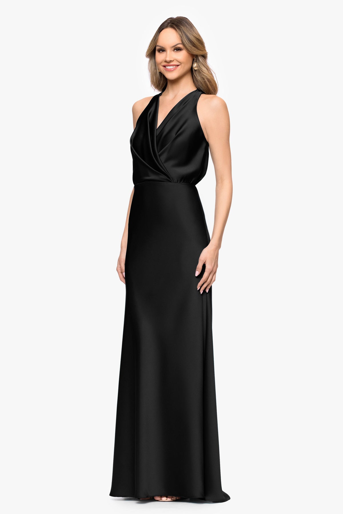 Petite "Zoella" Satin V-Neck Dress - Black | Betsy & Adam
