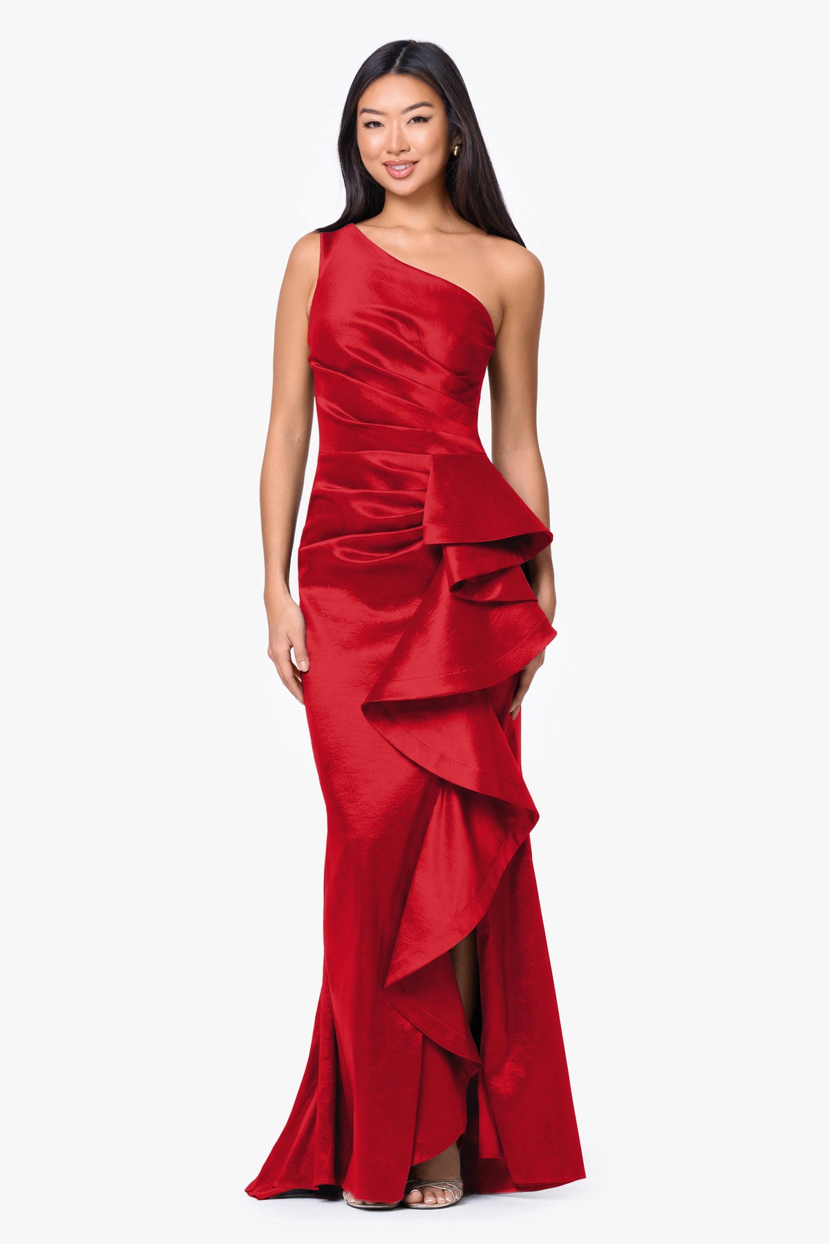 "Evangeline" Taffeta One Shoulder Dress - Red | Betsy & Adam