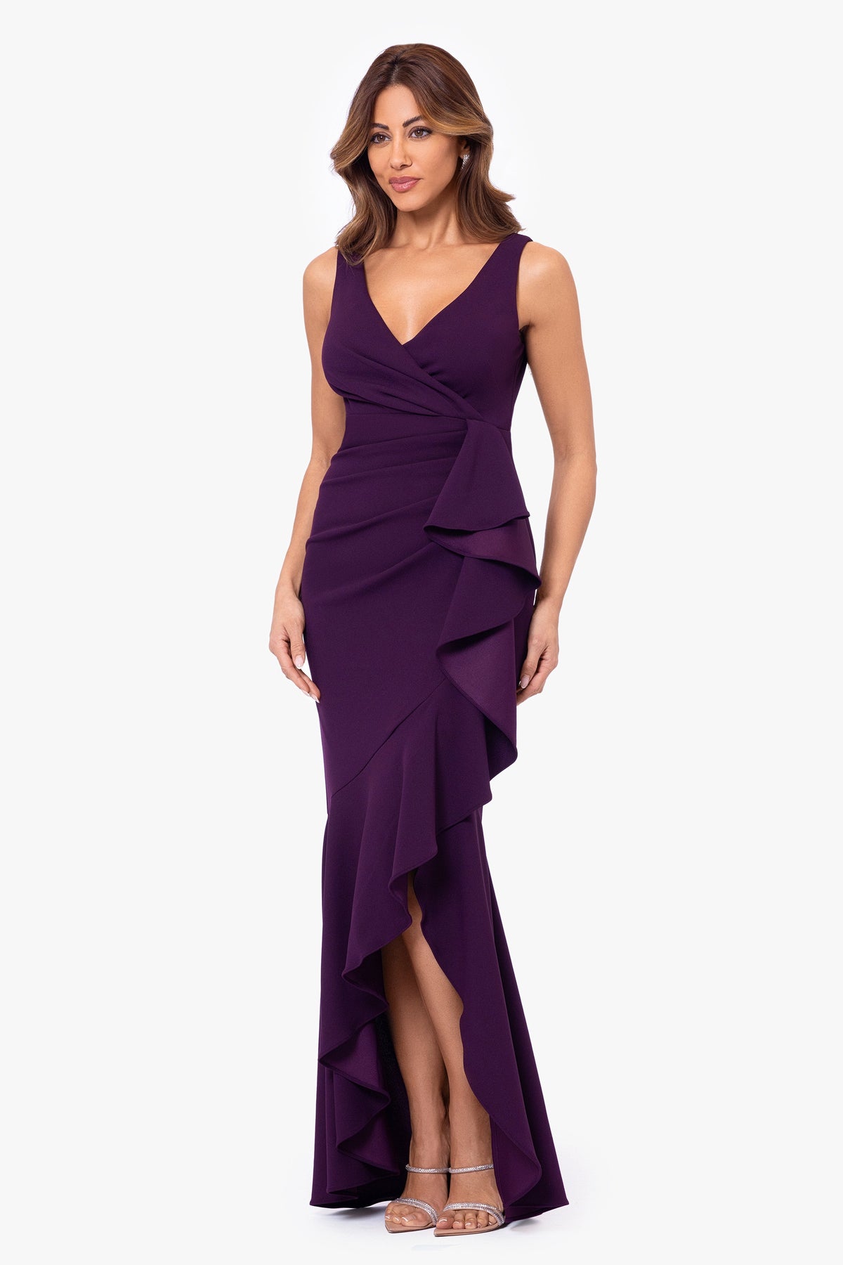 Petite "Candace" V-Neck Hi Low Cascade Dress - Mulberry | Betsy & Adam