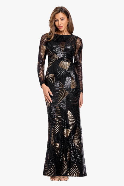 "Denise" Stretch Geo Sequin Pattern Long Sleeve Dress - Black/Gold | Betsy & Adam