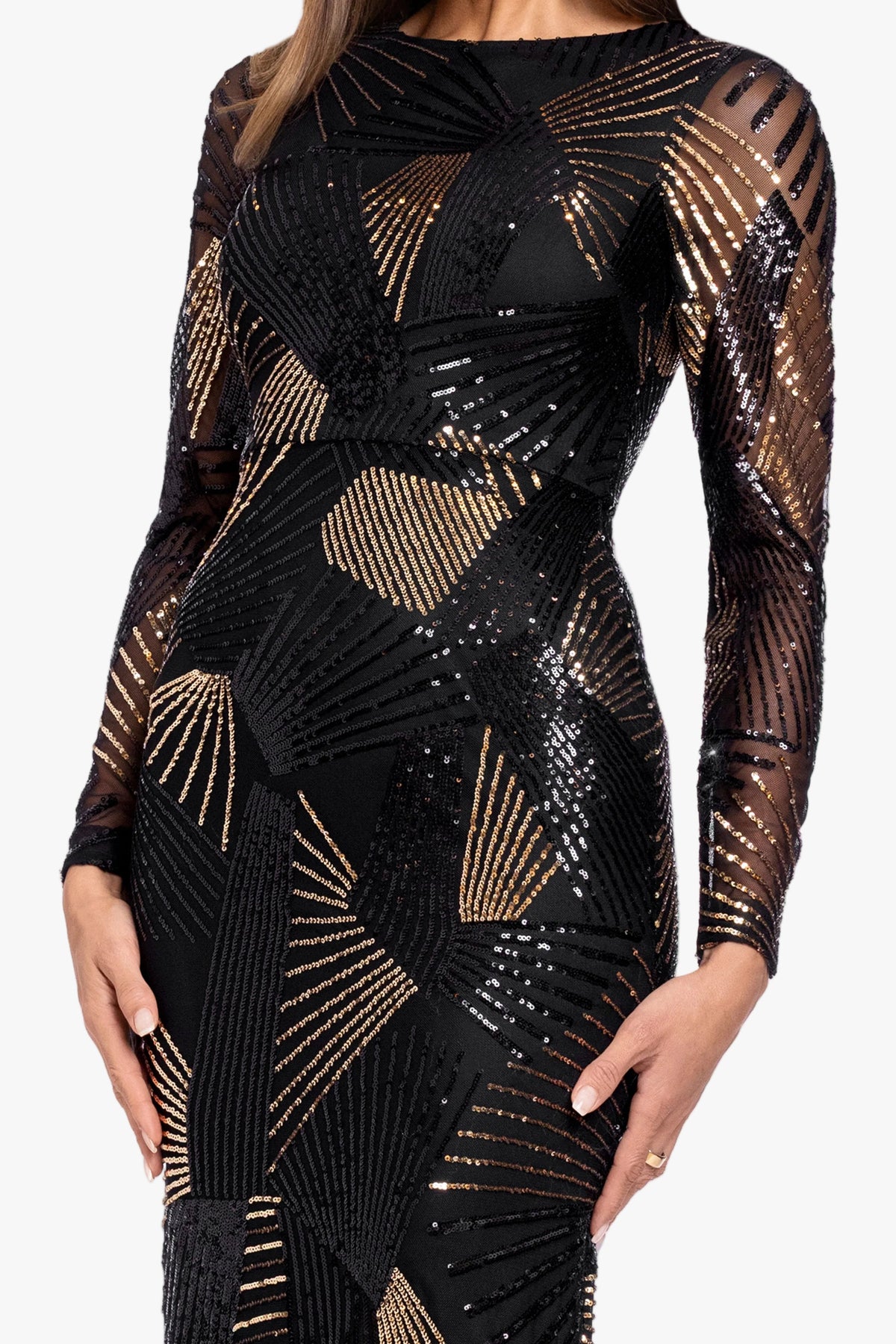 "Denise" Stretch Geo Sequin Pattern Long Sleeve Dress - Black/Gold | Betsy & Adam