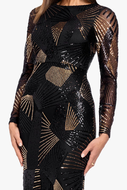 "Denise" Stretch Geo Sequin Pattern Long Sleeve Dress - Black/Gold | Betsy & Adam