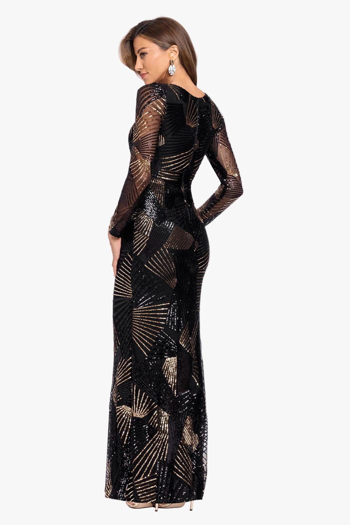 "Denise" Stretch Geo Sequin Pattern Long Sleeve Dress - Black/Gold | Betsy & Adam