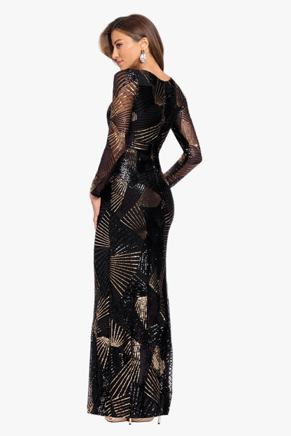 "Denise" Stretch Geo Sequin Pattern Long Sleeve Dress - Black/Gold | Betsy & Adam