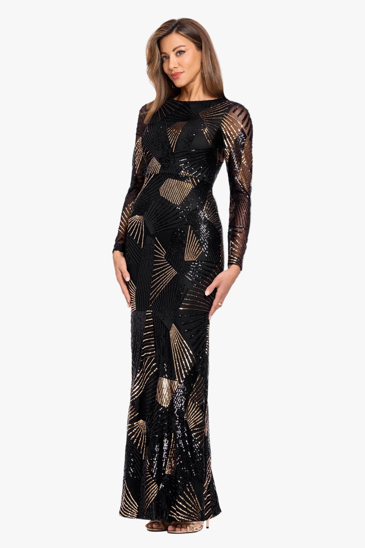 "Denise" Stretch Geo Sequin Pattern Long Sleeve Dress - Black/Gold | Betsy & Adam