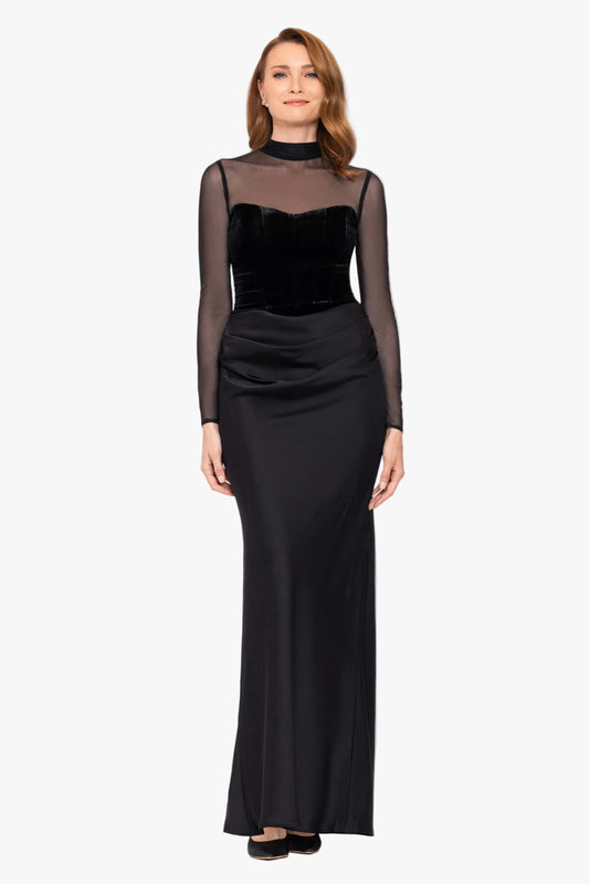"Julia" Velvet Mock Neck & Satin Skirt Dress - Black | Betsy & Adam