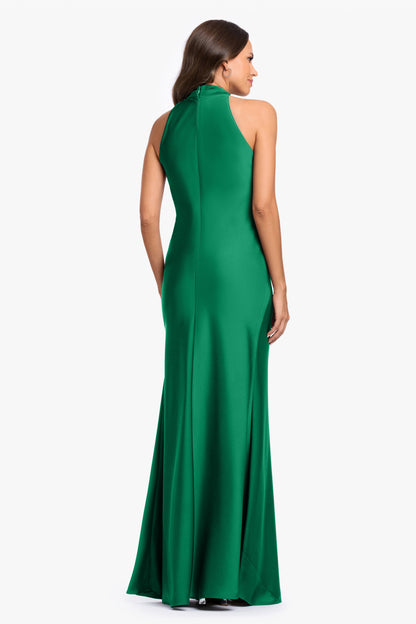 "Diane" Satin Knot Neck & Closed Back Dress - Emerald | Betsy & Adam