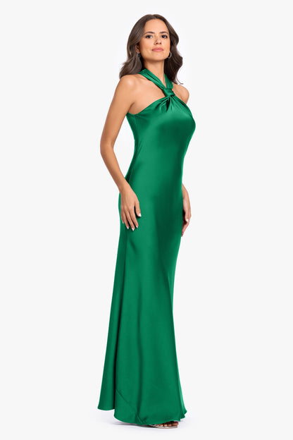 "Diane" Satin Knot Neck & Closed Back Dress - Emerald | Betsy & Adam