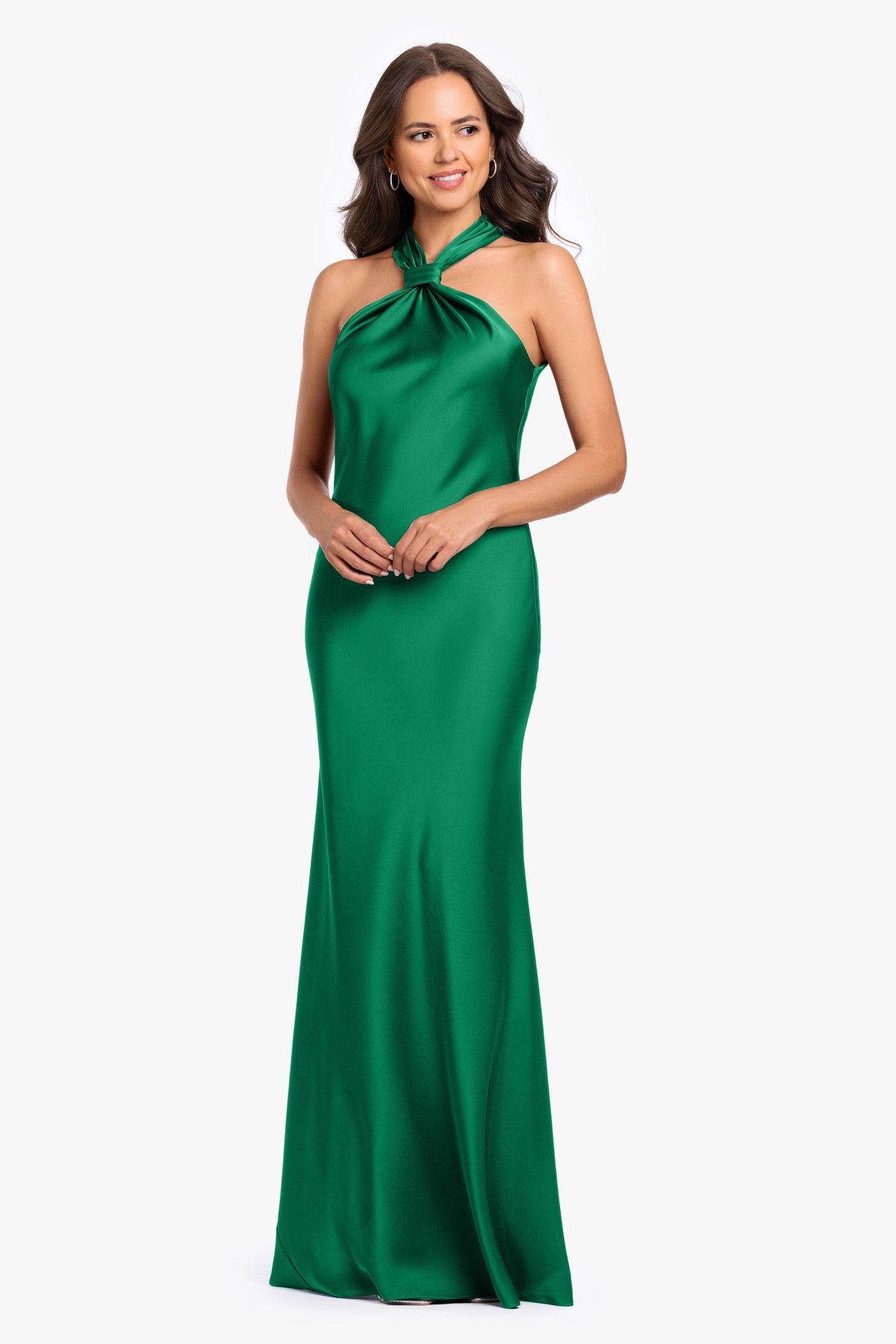 "Diane" Satin Knot Neck & Closed Back Dress - Emerald | Betsy & Adam