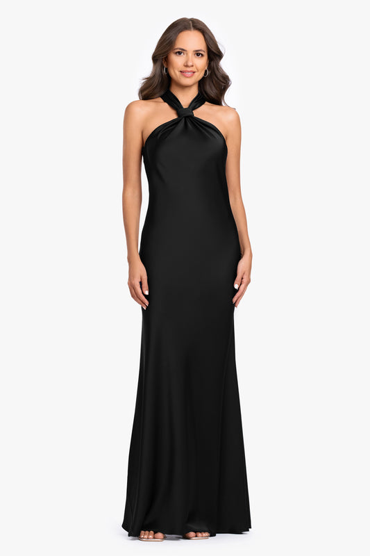 "Diane" Satin Knot Neck & Closed Back Dress - Black | Betsy & Adam