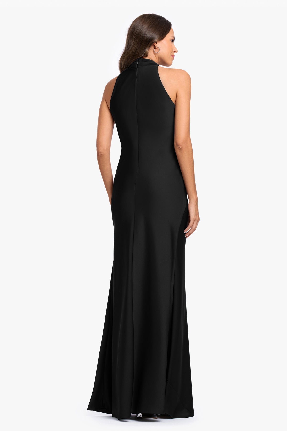 "Diane" Satin Knot Neck & Closed Back Dress - Black | Betsy & Adam
