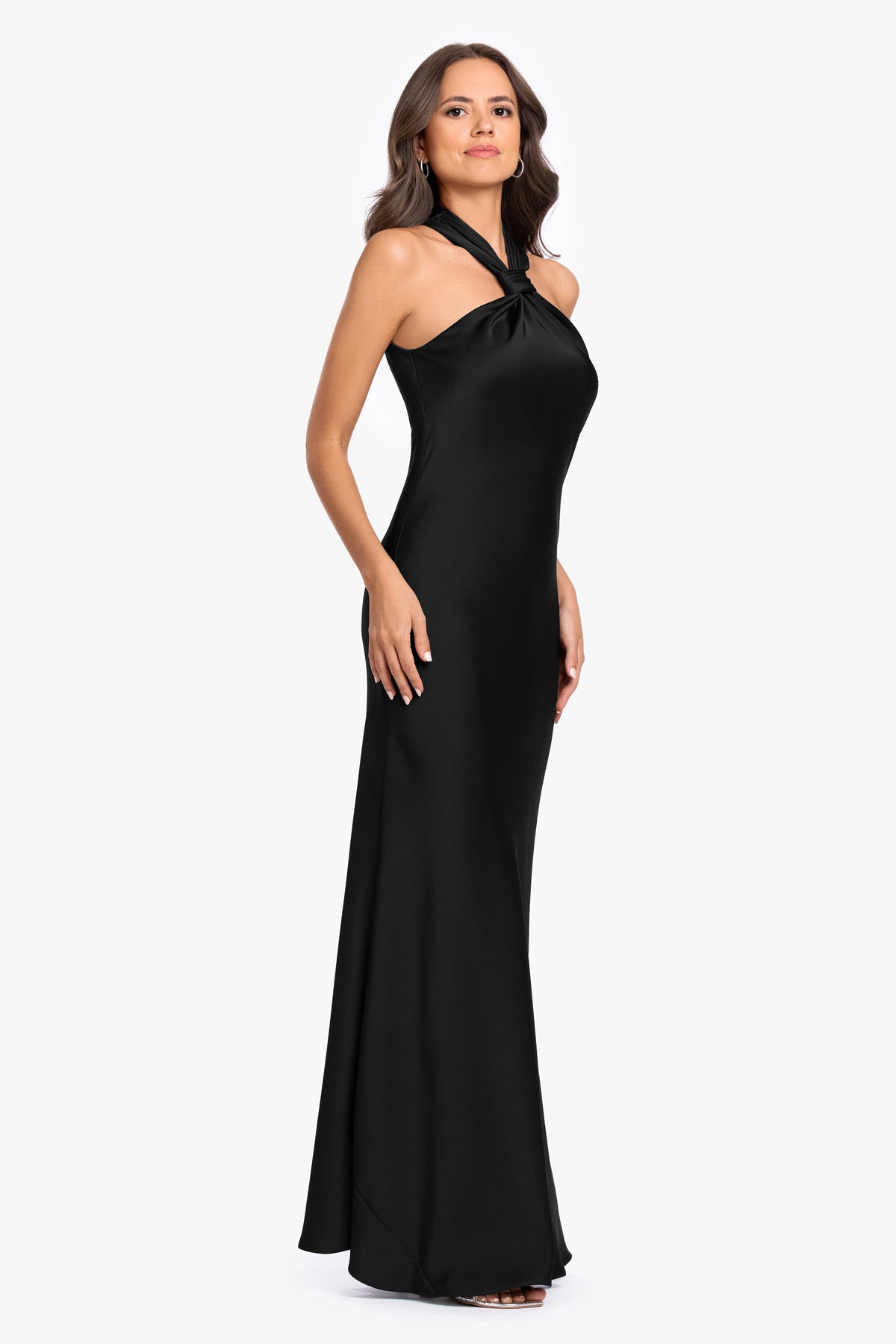 "Diane" Satin Knot Neck & Closed Back Dress - Black | Betsy & Adam