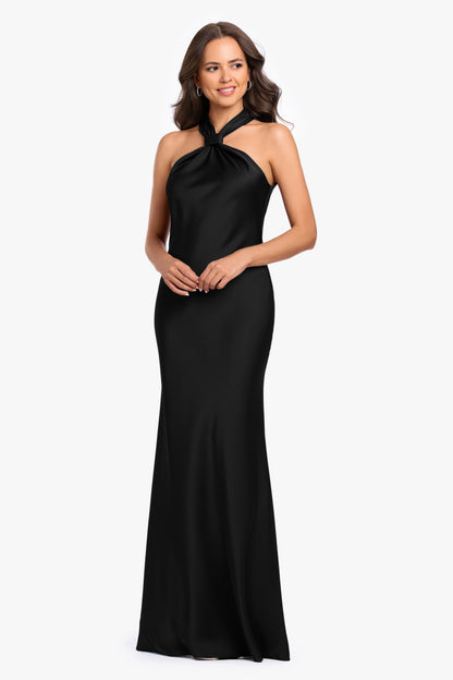 "Diane" Satin Knot Neck & Closed Back Dress - Black | Betsy & Adam