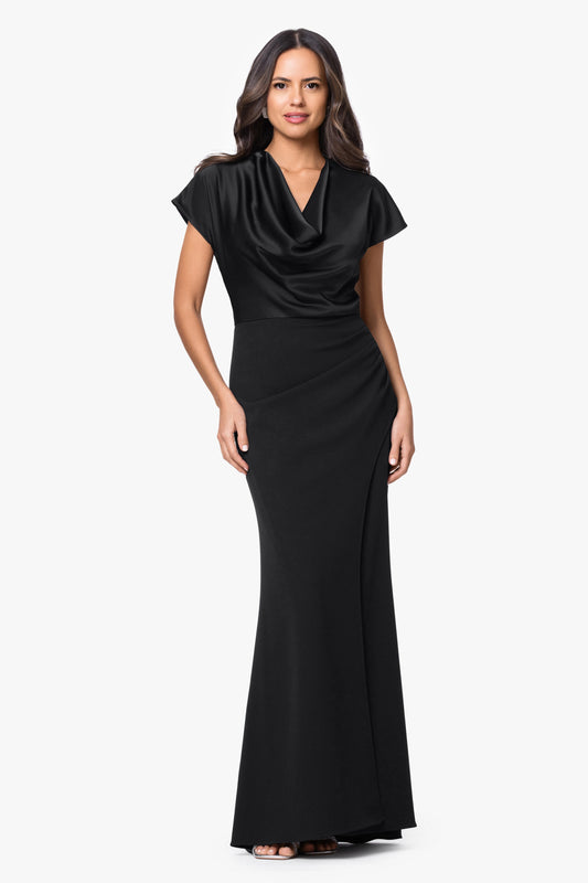 Petite "Rinna" Scuba Crepe & Satin Cowl Neck Dress - Black | Betsy & Adam
