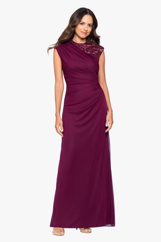 “Dayna” Sheer Matte Jersey Knit Lace Neck Ruched Dress - Garnet/Nude | Betsy & Adam