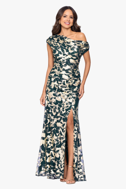 "Lauren" Foil Mesh Off The Shoulder Ruched Dress - Green/Gold | Betsy & Adam