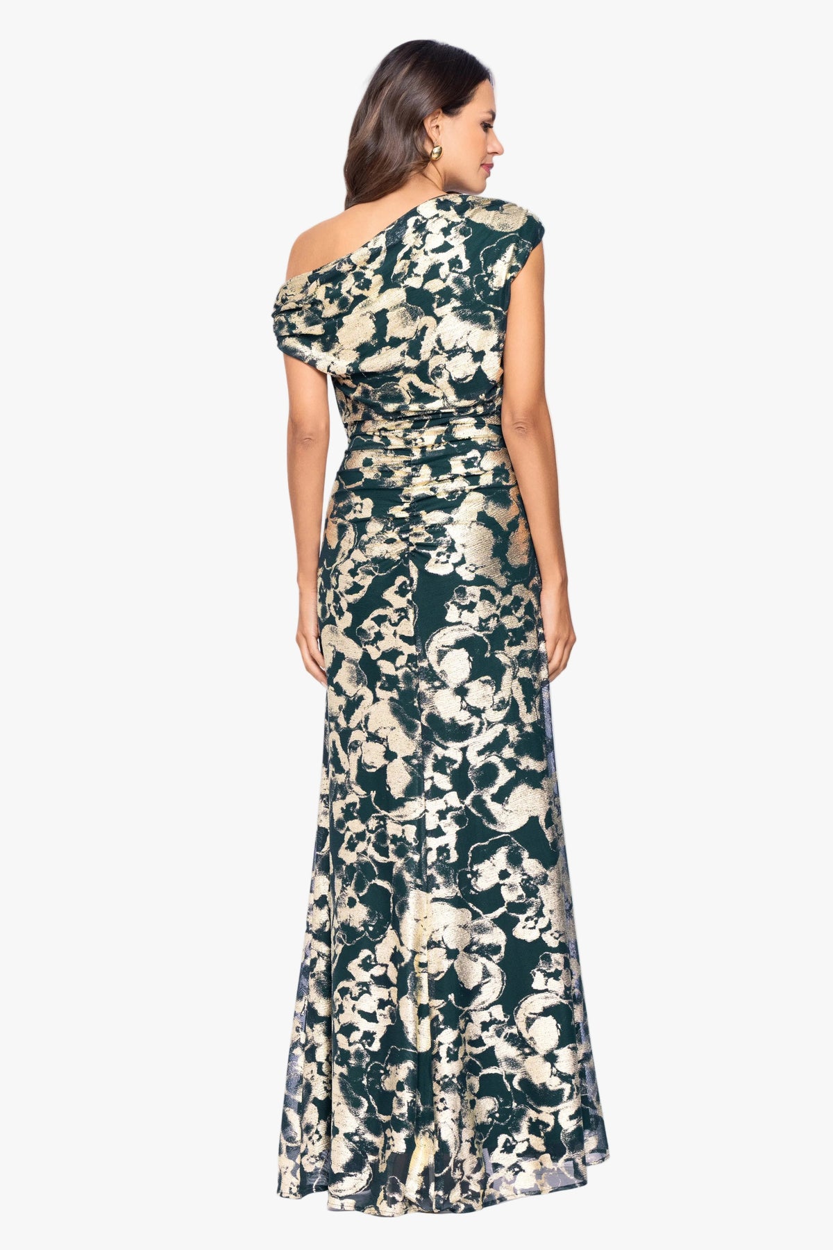 "Lauren" Foil Mesh Off The Shoulder Ruched Dress - Green/Gold | Betsy & Adam