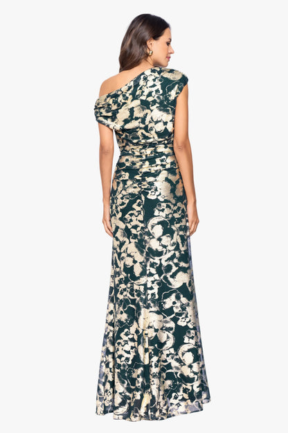 "Lauren" Foil Mesh Off The Shoulder Ruched Dress - Green/Gold | Betsy & Adam