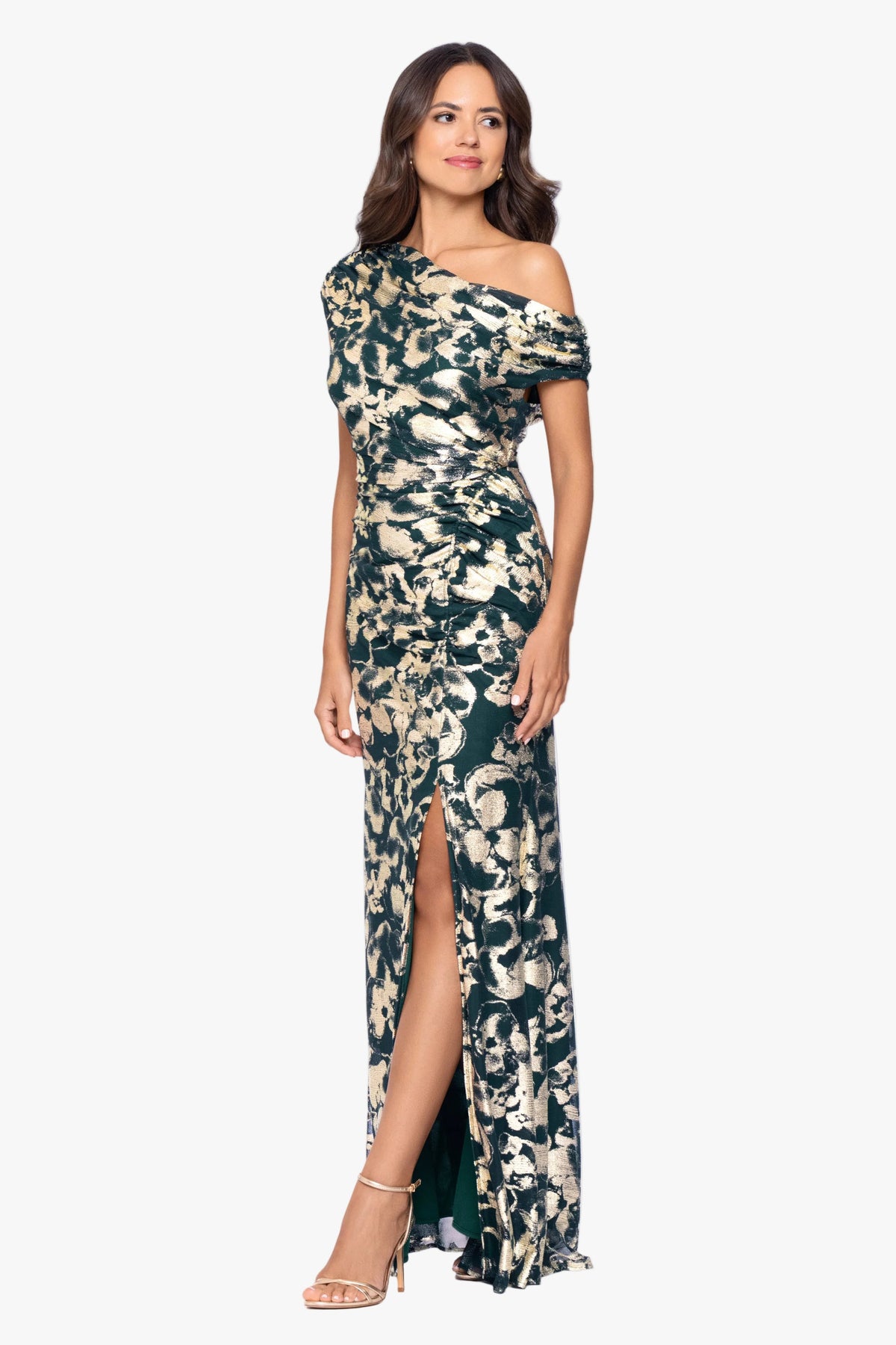 "Lauren" Foil Mesh Off The Shoulder Ruched Dress - Green/Gold | Betsy & Adam