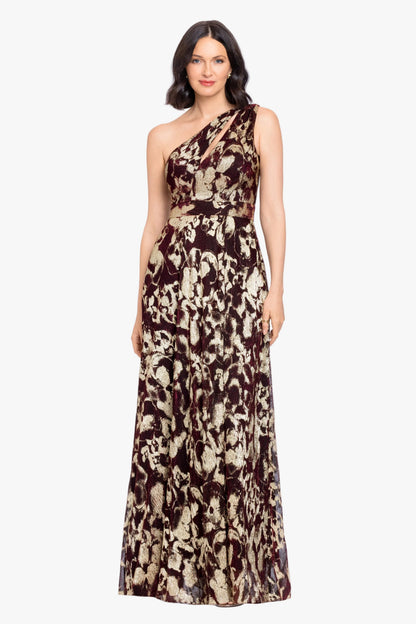 "Sadie" Crinkle Foil One Shoulder Dress - Wine/Gold | Betsy & Adam