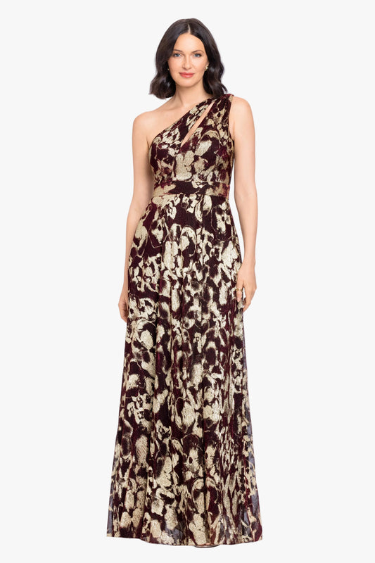 "Sadie" Crinkle Foil One Shoulder Dress - Wine/Gold | Betsy & Adam