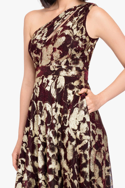 "Sadie" Crinkle Foil One Shoulder Dress - Wine/Gold | Betsy & Adam