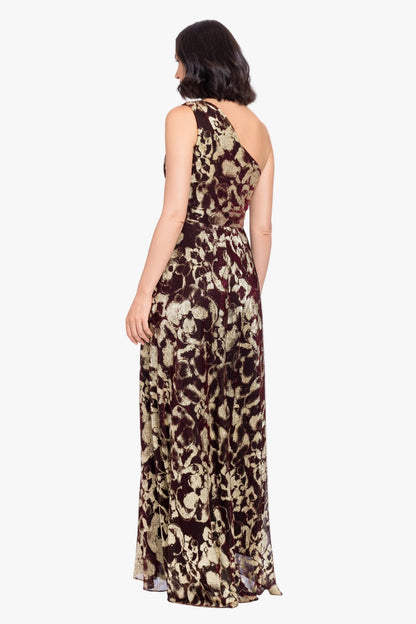 "Sadie" Crinkle Foil One Shoulder Dress - Wine/Gold | Betsy & Adam