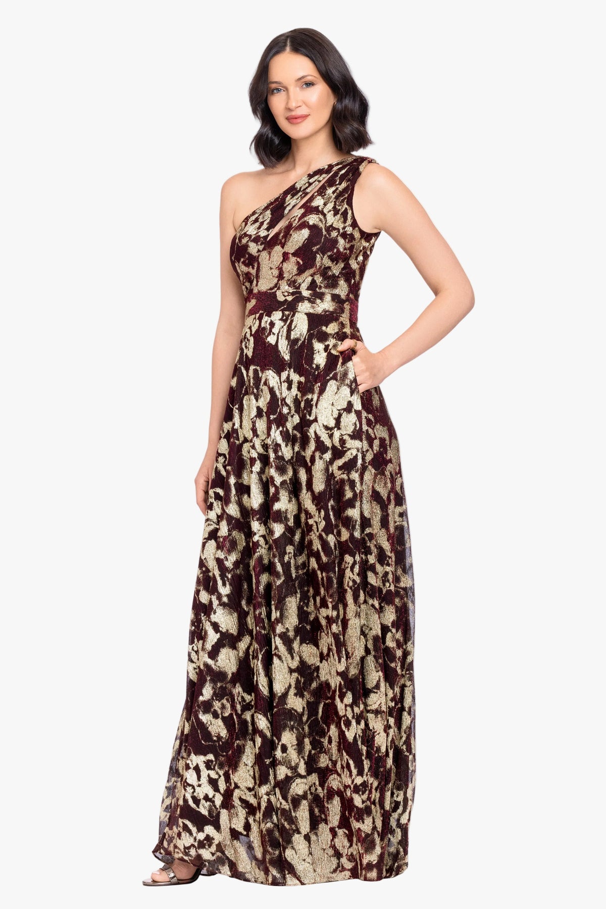 "Sadie" Crinkle Foil One Shoulder Dress - Wine/Gold | Betsy & Adam
