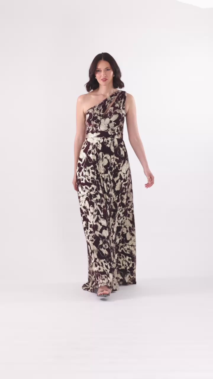 "Sadie" Crinkle Foil One Shoulder Dress - Wine/Gold | Betsy & Adam
