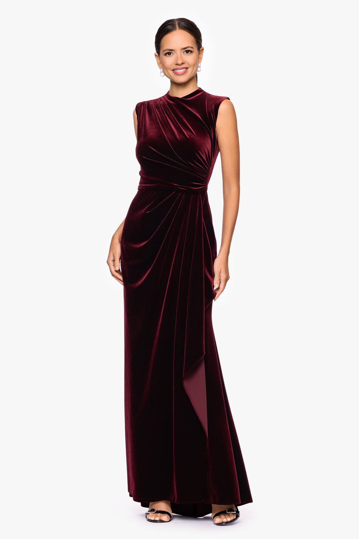 "Cherie" Velvet Side Ruched Dress - Burgundy | Betsy & Adam