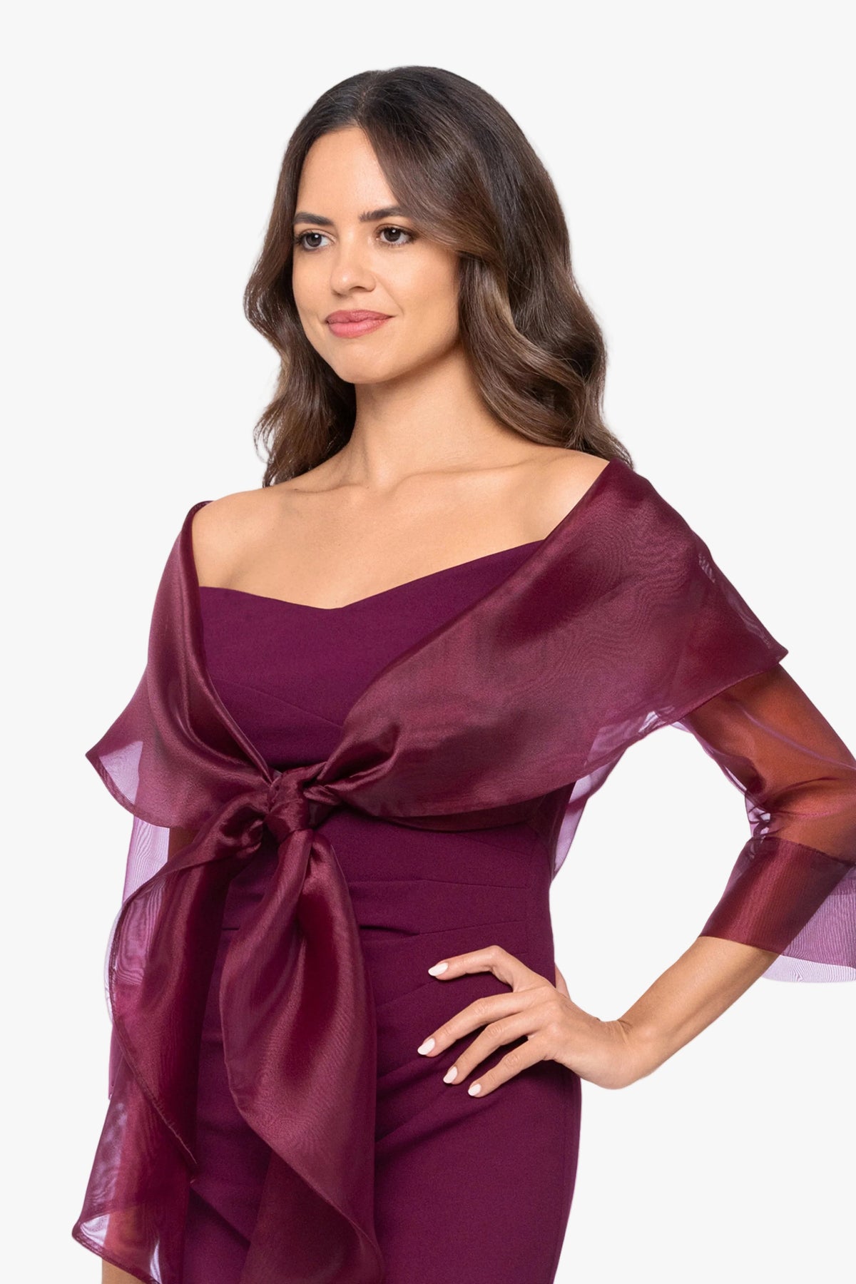 "Agnes" Organza 3/4 Sleeve Shawl Wrap - Wine | Betsy & Adam