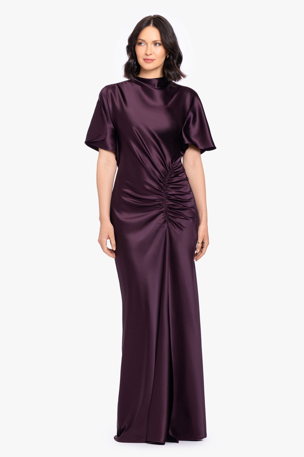 "Heidi" Satin Ruched Short Sleeve Dress - Plum | Betsy & Adam
