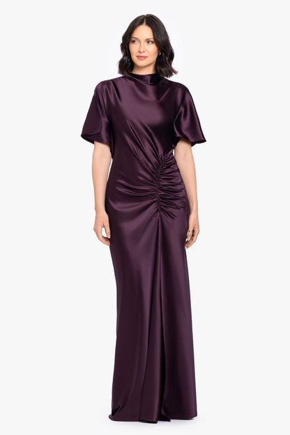 "Heidi" Satin Ruched Short Sleeve Dress - Plum | Betsy & Adam