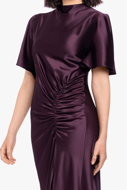 "Heidi" Satin Ruched Short Sleeve Dress - Plum | Betsy & Adam