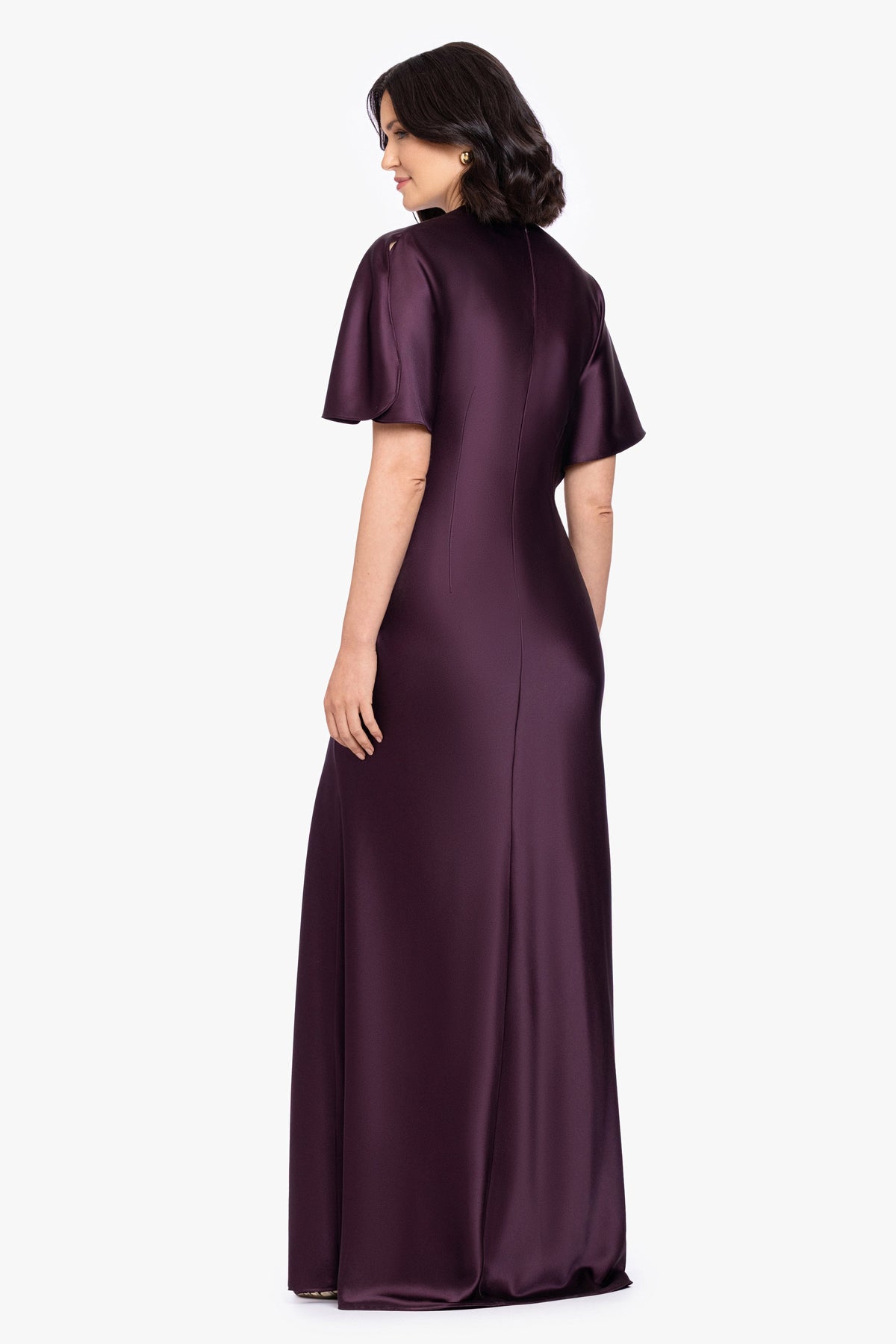 "Heidi" Satin Ruched Short Sleeve Dress - Plum | Betsy & Adam