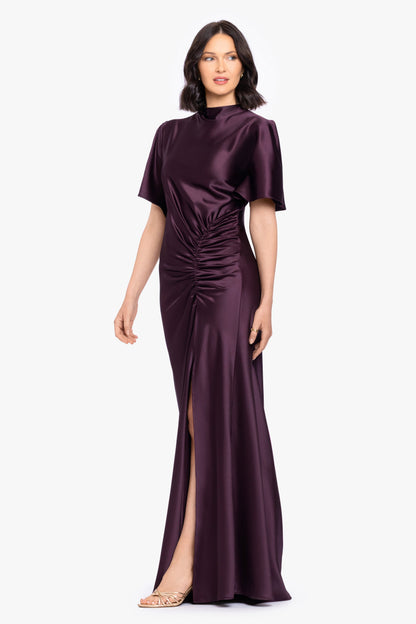 "Heidi" Satin Ruched Short Sleeve Dress - Plum | Betsy & Adam