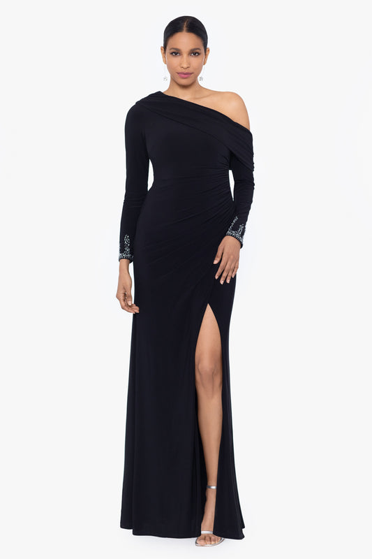 "Briar" Jersey Knit Off Shoulder Overlay Beaded Dress - Black/Silver | Betsy & Adam