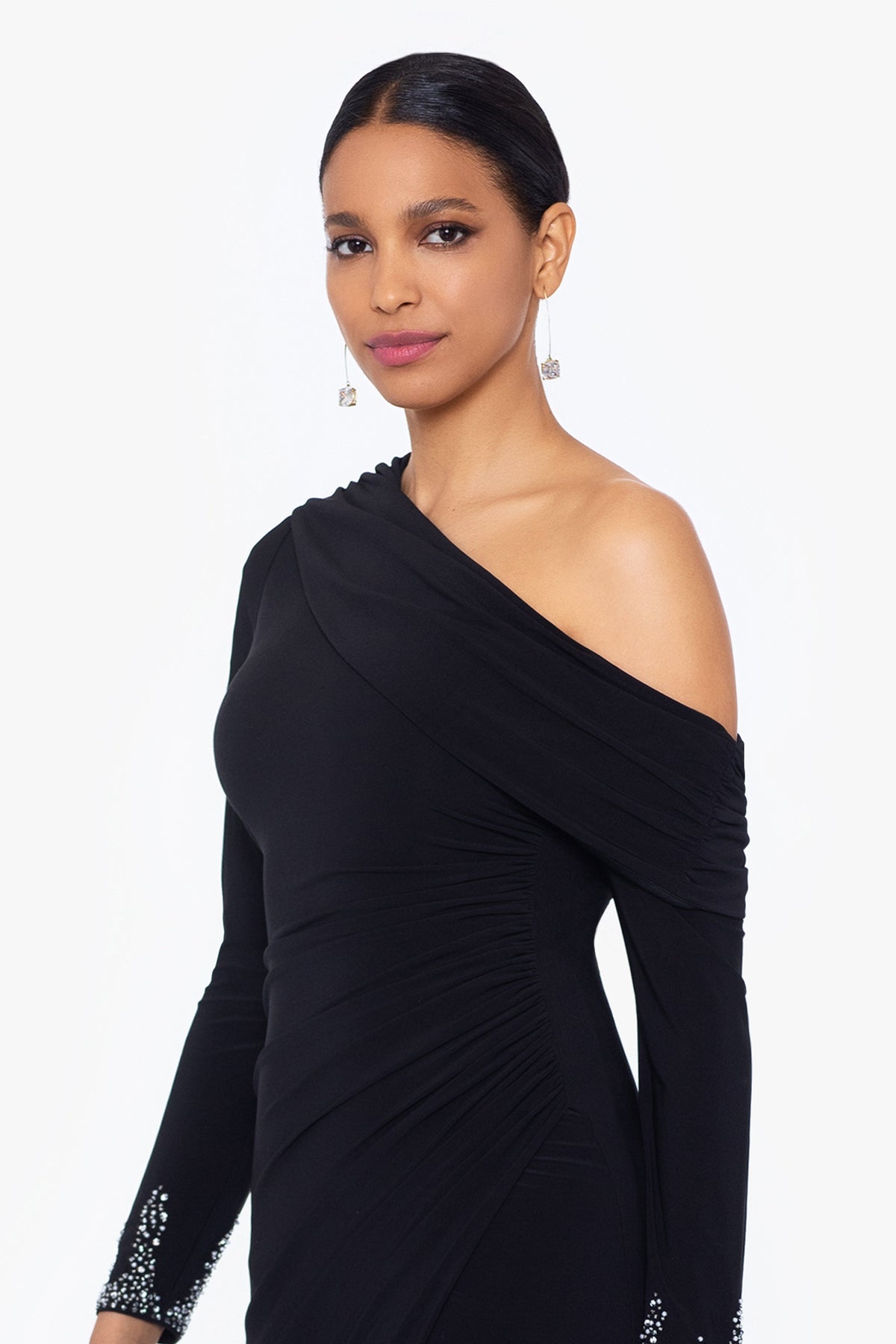 "Briar" Jersey Knit Off Shoulder Overlay Beaded Dress - Black/Silver | Betsy & Adam