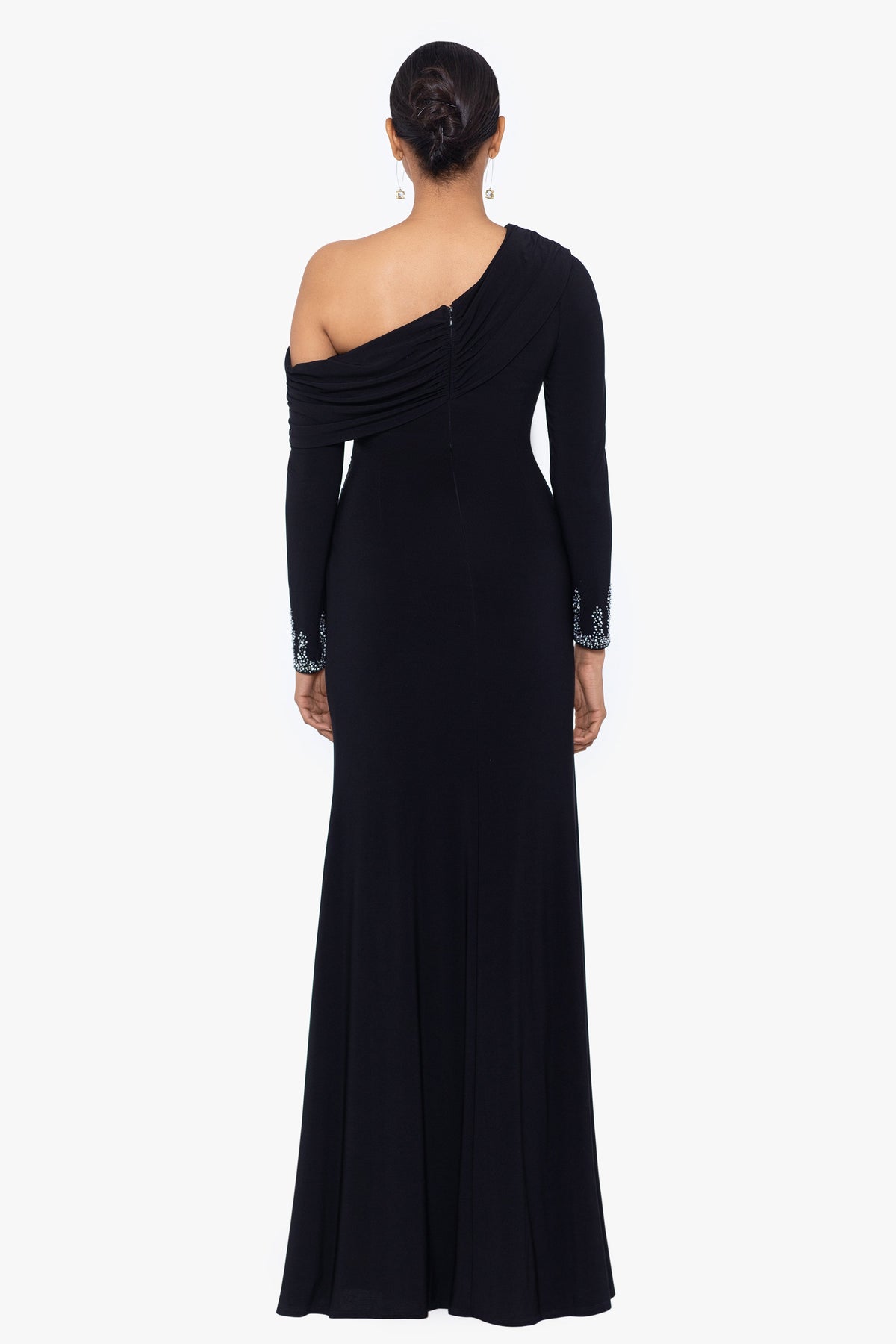 "Briar" Jersey Knit Off Shoulder Overlay Beaded Dress - Black/Silver | Betsy & Adam