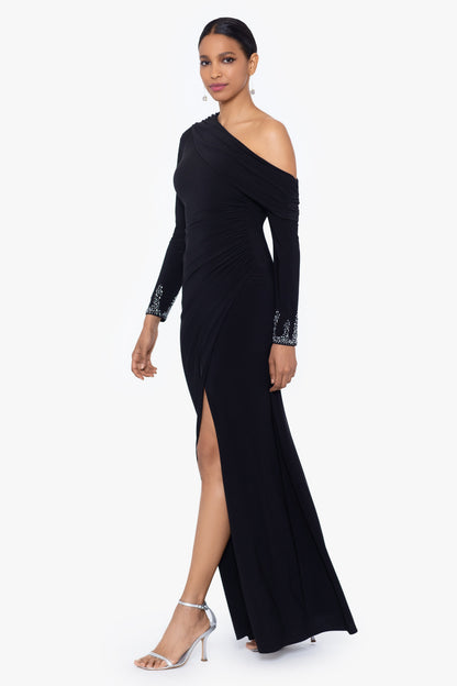 "Briar" Jersey Knit Off Shoulder Overlay Beaded Dress - Black/Silver | Betsy & Adam