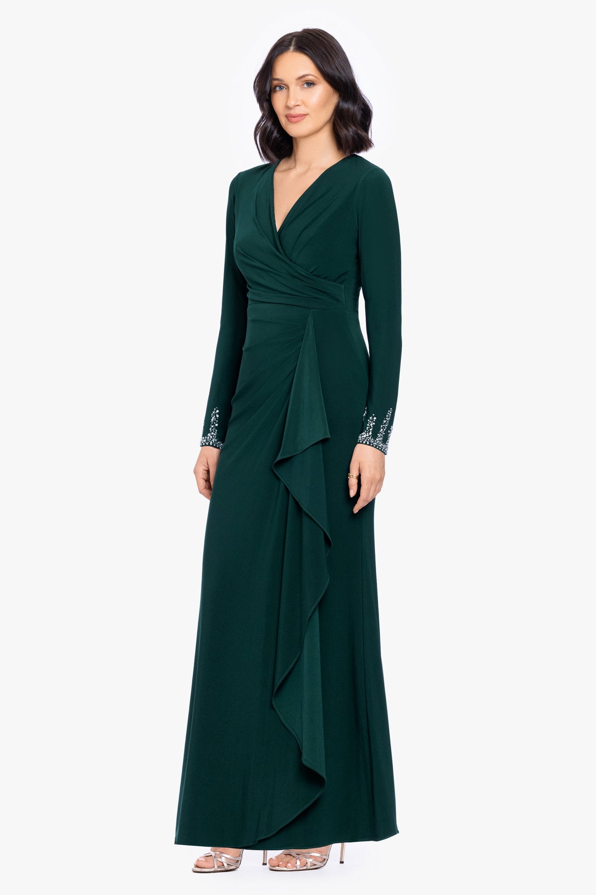 Petite "Lenora" Jersey Knit Beaded Long Sleeve V-Neck Dress - Forest | Betsy & Adam