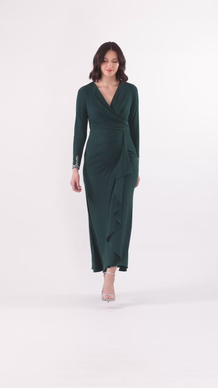 Petite "Lenora" Jersey Knit Beaded Long Sleeve V-Neck Dress - Forest | Betsy & Adam