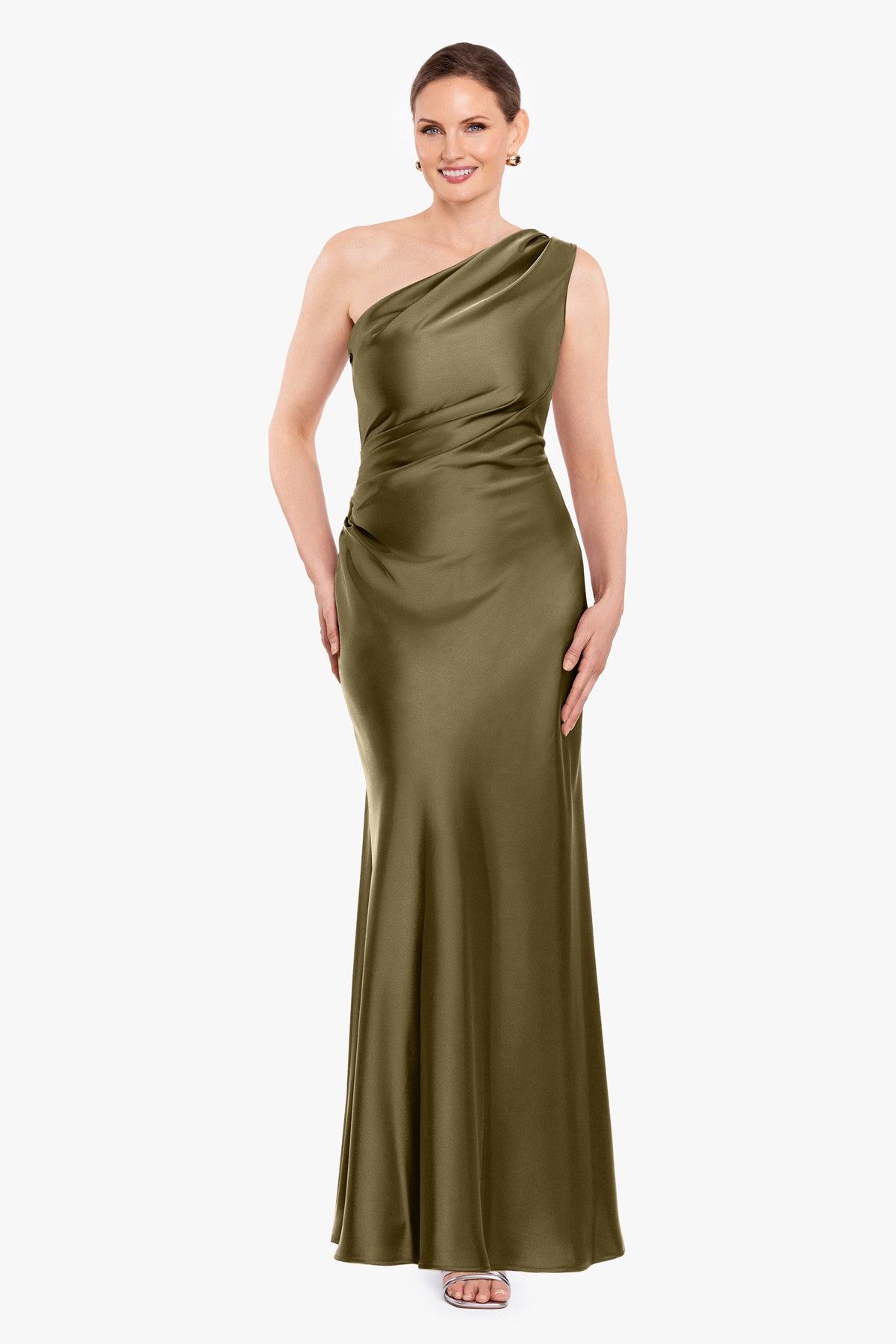 Petite "Magnolia" Satin One Shoulder Dress - Olive | Betsy & Adam