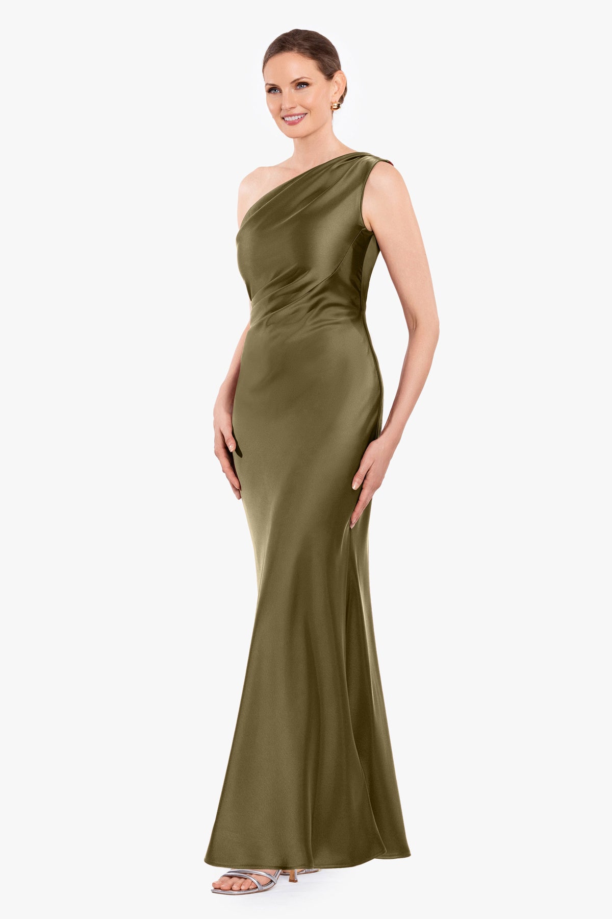 Petite "Magnolia" Satin One Shoulder Dress - Olive | Betsy & Adam