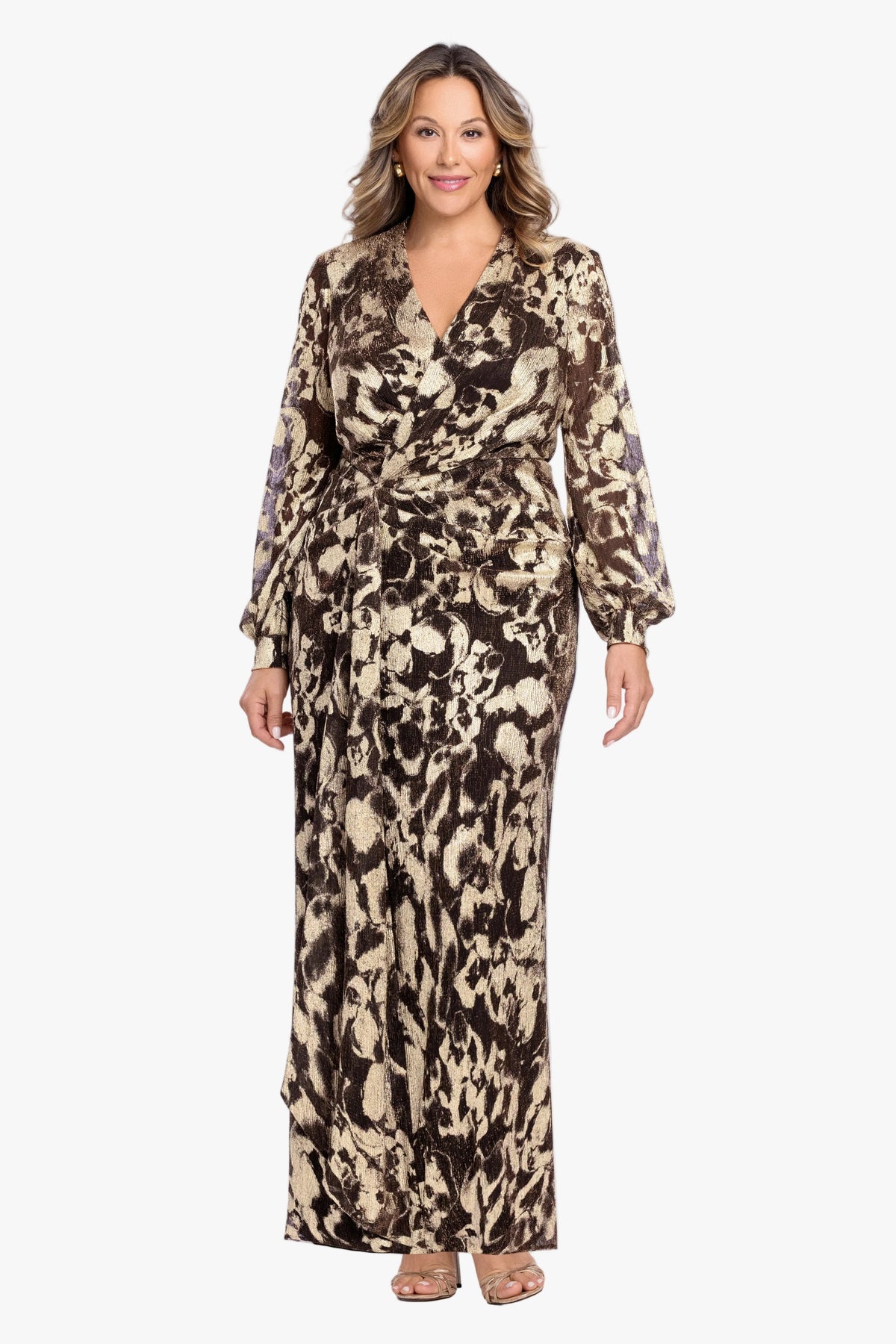 Plus "Bailey" Crinkle Metallic V-Neck Long Sleeve Dress - Brown/Gold | Betsy & Adam