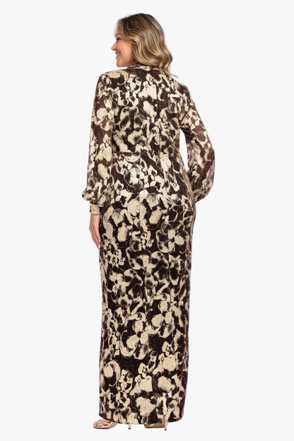 Plus "Bailey" Crinkle Metallic V-Neck Long Sleeve Dress - Brown/Gold | Betsy & Adam