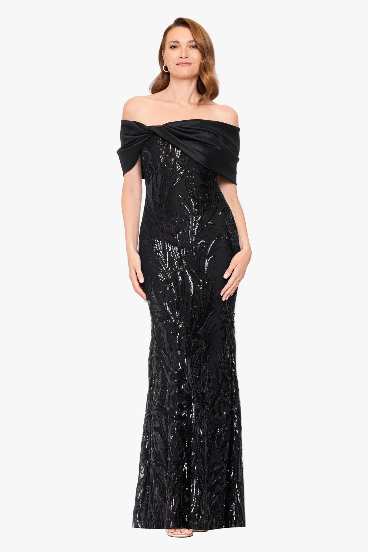 "Breezy" Sequin Off Shoulder Taffeta Twist Dress - Black | Betsy & Adam