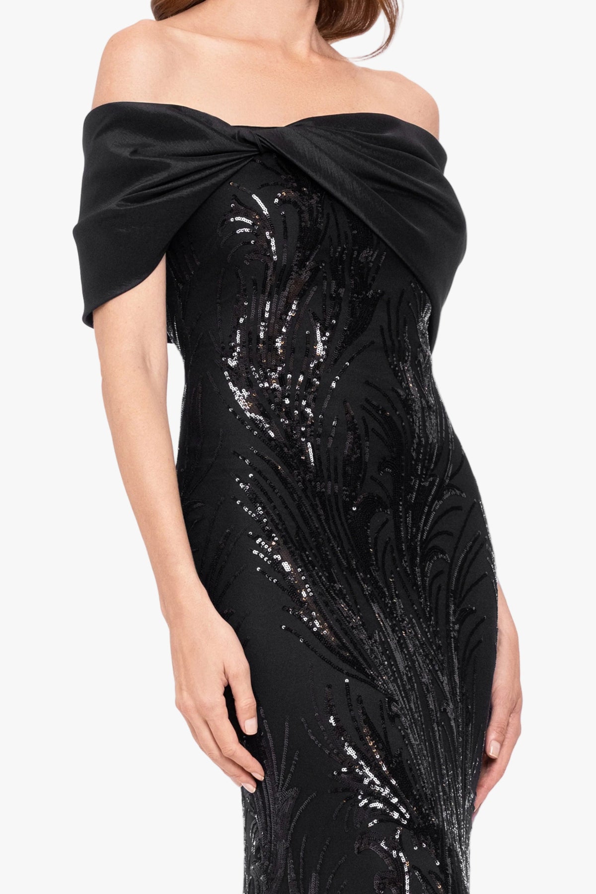 "Breezy" Sequin Off Shoulder Taffeta Twist Dress - Black | Betsy & Adam